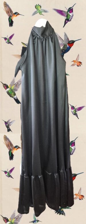 Vestido seda satinado negro lazada al cuello